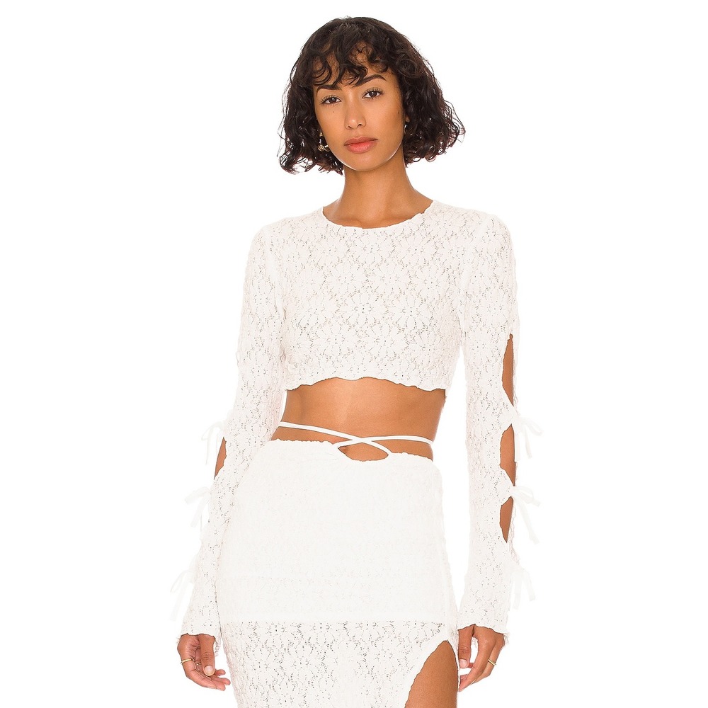 Tularosa Dianne Crop Top Ivory White Textured Lace Tie Sleeve M